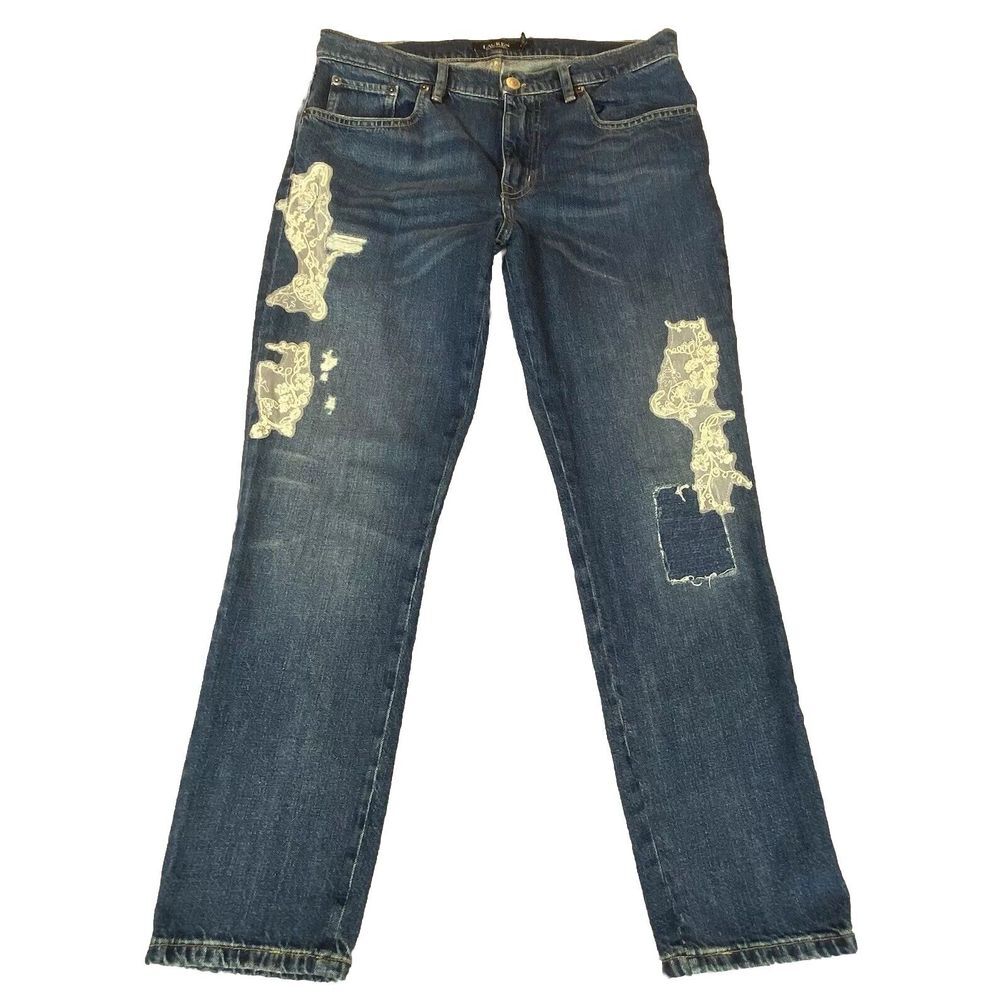 Ralph Lauren Jeans Women 8 Black Label Sequined Rhinestones Beaded Blue Unique‎
